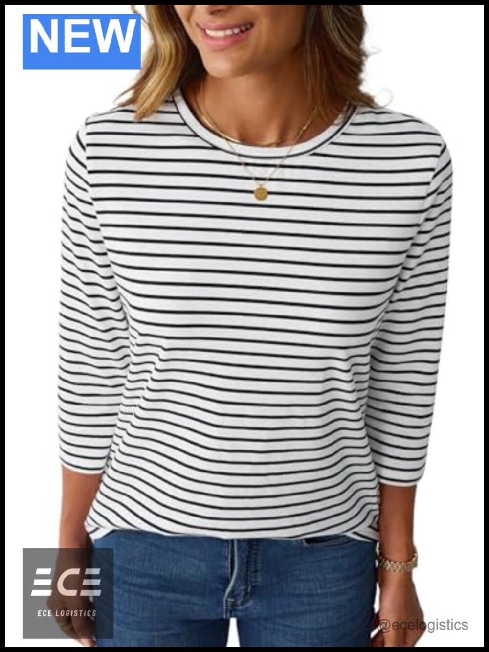LilyCoco Womens 3/4 Sleeve Striped Boat Neck T-Shirt Cotton Blend